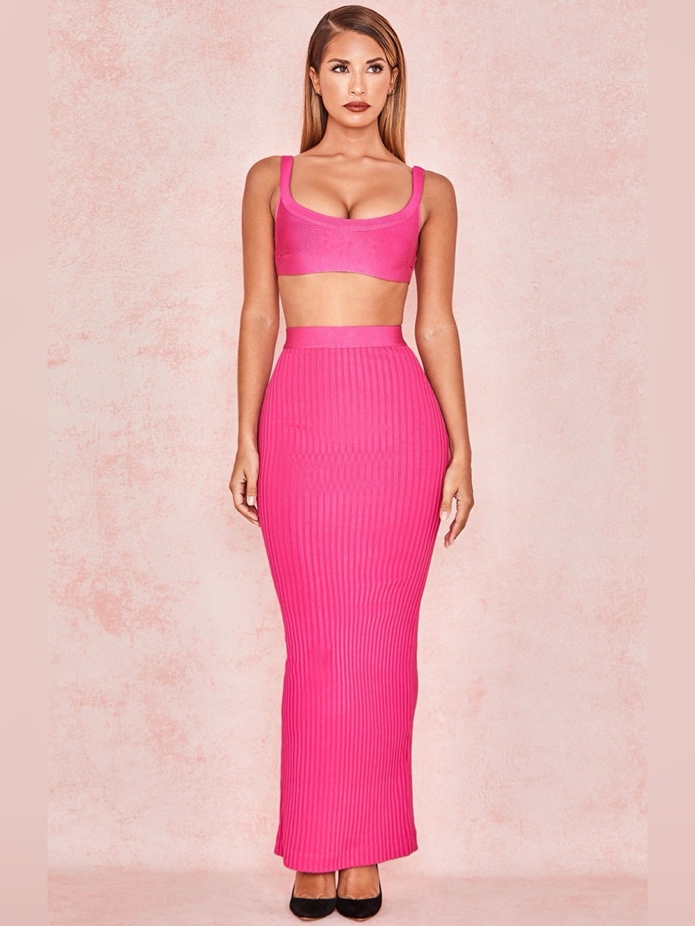 House of CB Eve Hot Pink Bandage Rib Maxi Skirt - Size M